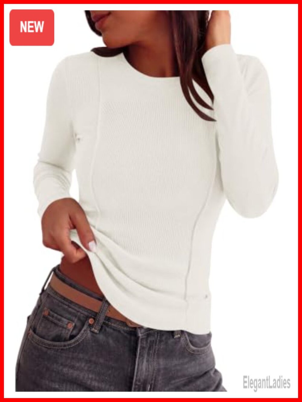 Women's Ribbed Long Sleeve Crew Neck Fitted Tee Slim Fit Fall Winter Top